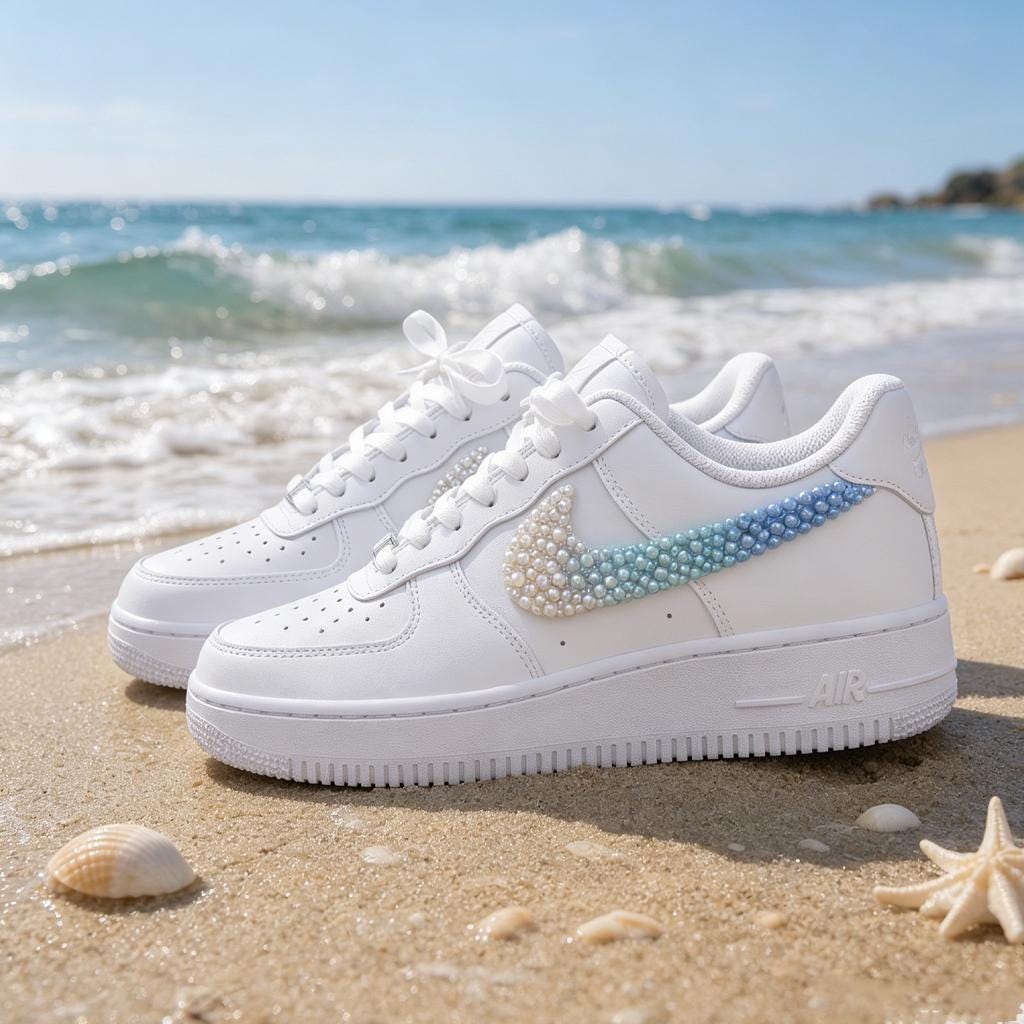 Custom Air Force 1 Pearl, Mermaid Beach Sneakers, White Blue AF1, Gift for her