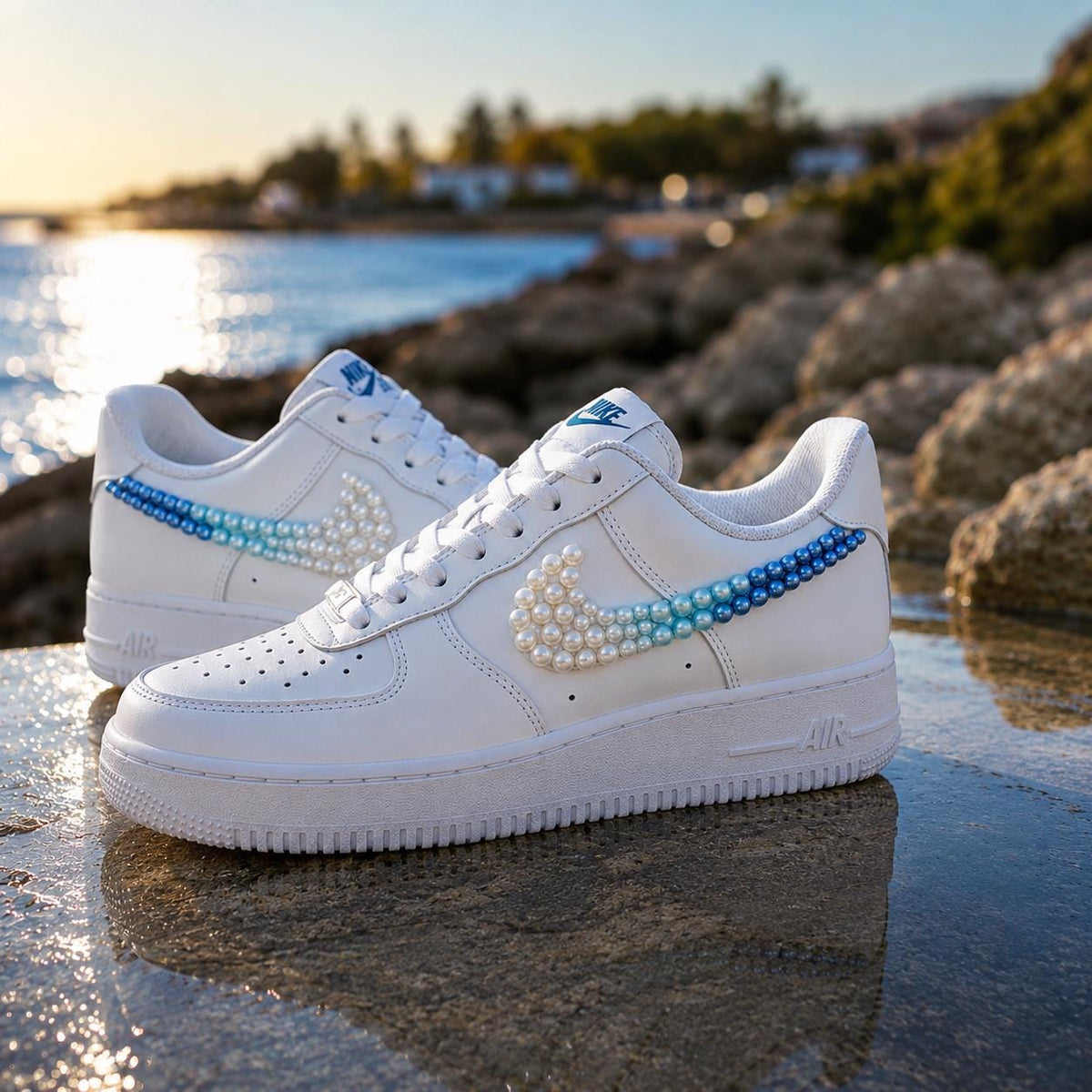 Custom Air Force 1 Pearl, Mermaid Beach Sneakers, White Blue AF1, Gift for her