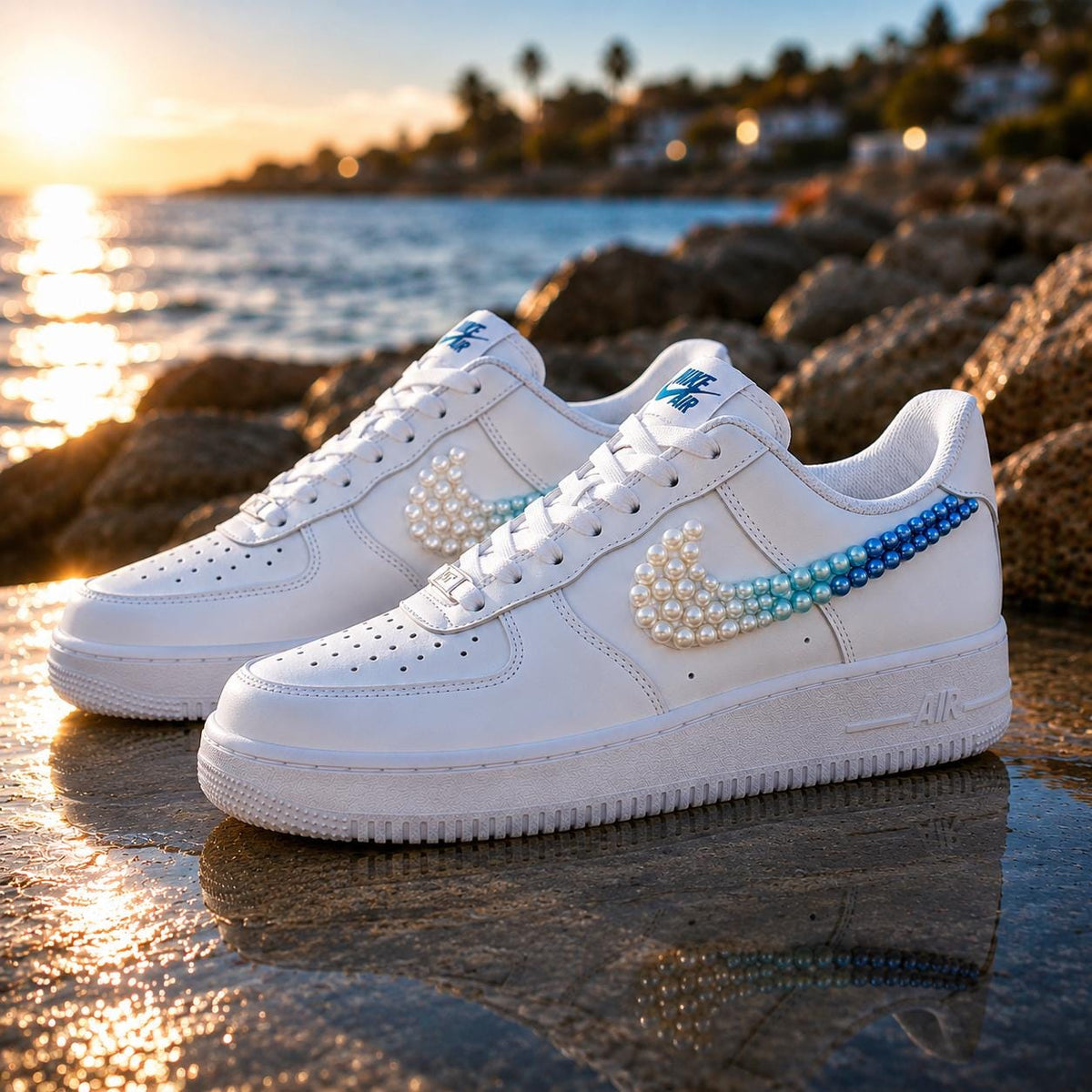 Custom Air Force 1 Pearl, Mermaid Beach Sneakers, White Blue AF1, Gift for her