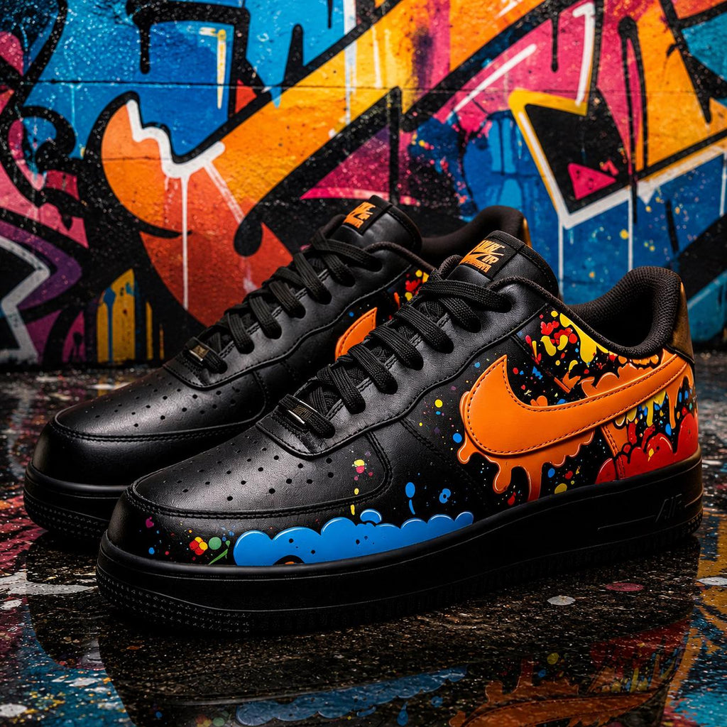 Cyber Drip Painted Sneakers, Hand Painted Air Force 1 Black, Cyberpunk Streetwear AF1