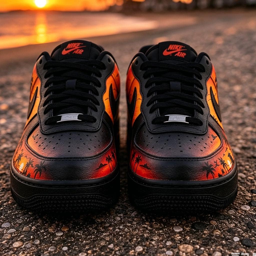 Custom Air Force 1 Sunset Beach Sneakers, Hand Painted Tropical Palm Tree Shoes, Yellow&Black Romantic Style Shoes for Him