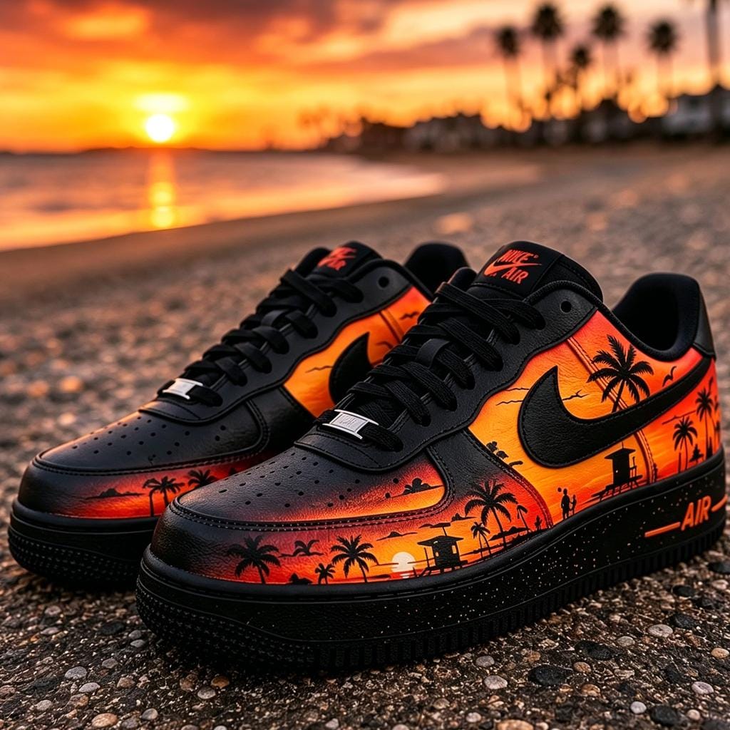 Custom Air Force 1 Sunset Beach Sneakers, Hand Painted Tropical Palm Tree Shoes, Yellow&Black Romantic Style Shoes for Him