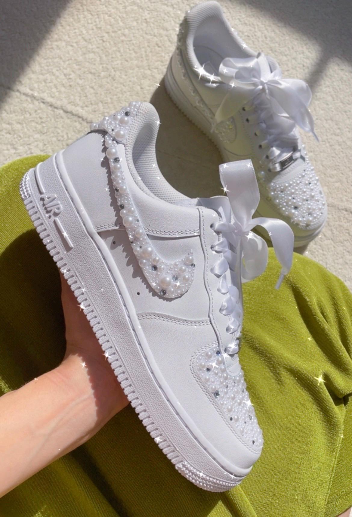 Personalized Bridal Sneakers: Hand-made Pearl Crystal Air Force 1 (three placements)