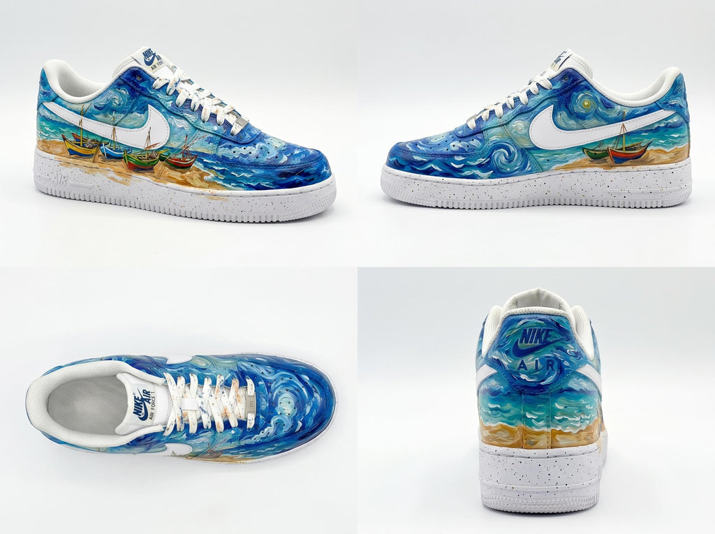 Custom Hand Painted Sneakers, Van Gogh Fishing Boats Design, Custom Air Force 1, Art Lover Gift, Unique Birthday Gift, Best Friend Gift