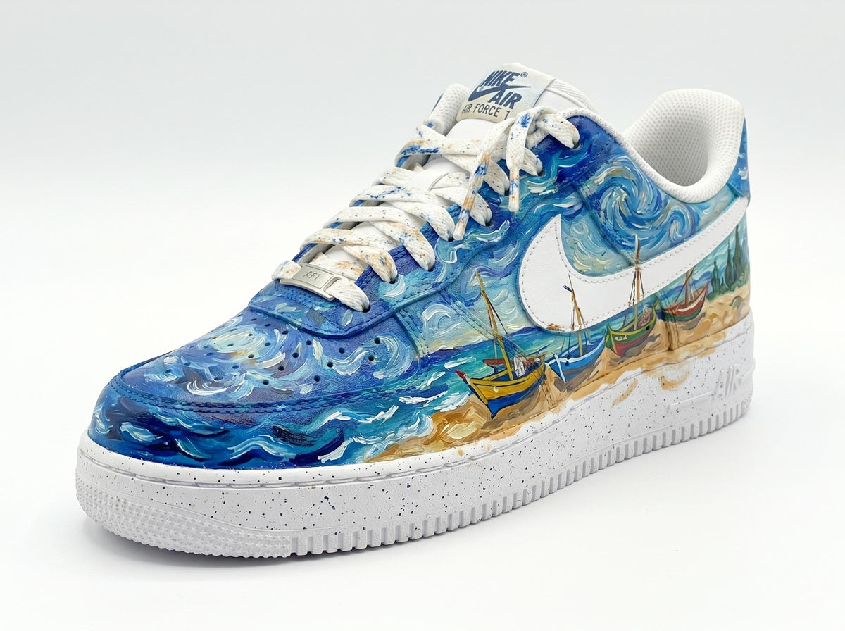 Custom Hand Painted Sneakers, Van Gogh Fishing Boats Design, Custom Air Force 1, Art Lover Gift, Unique Birthday Gift, Best Friend Gift