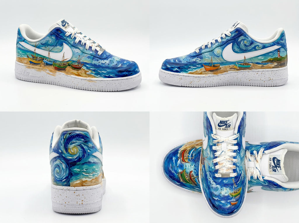 Custom Hand Painted Sneakers, Van Gogh Fishing Boats Design, Custom Air Force 1, Art Lover Gift, Unique Birthday Gift, Best Friend Gift