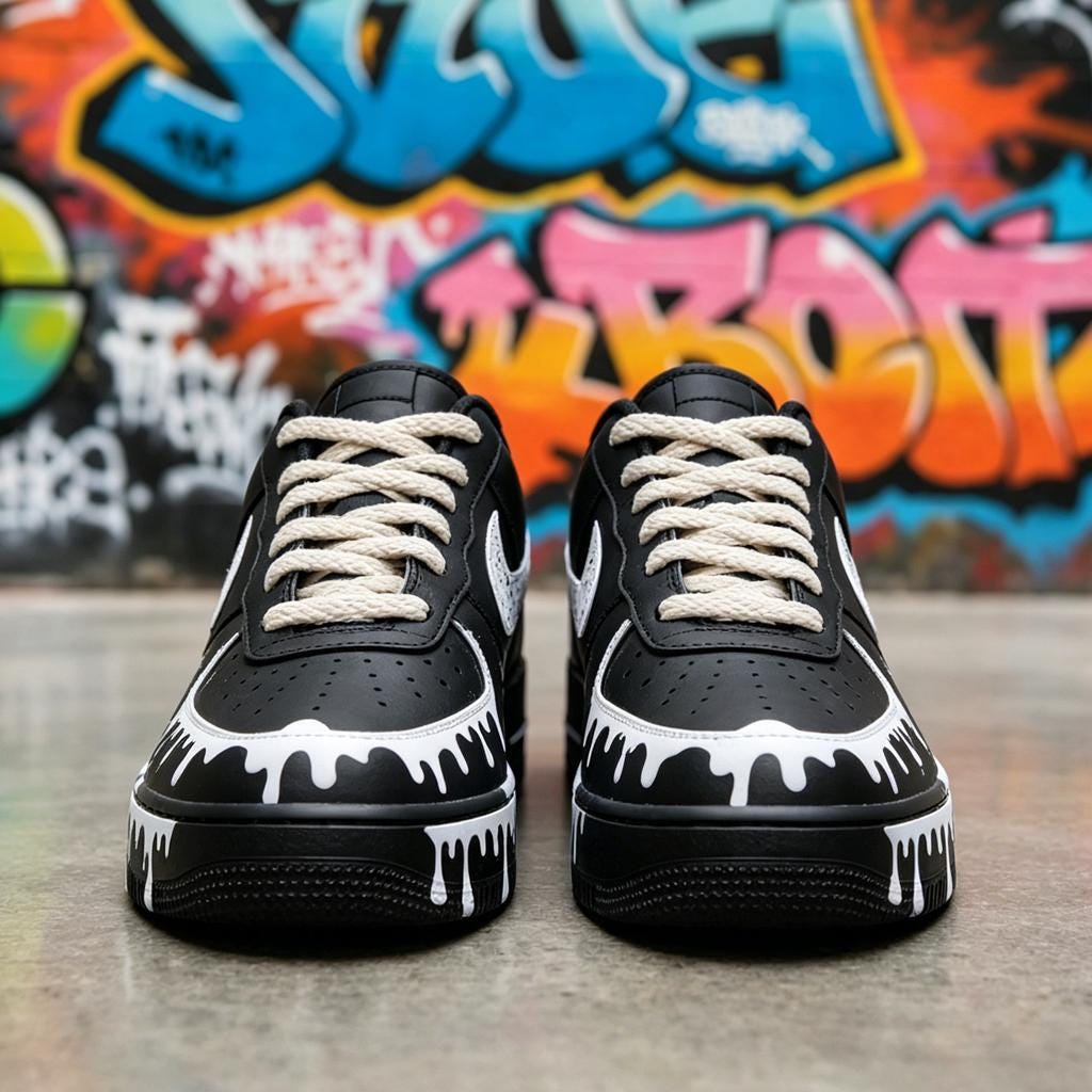 Black&White Splash Sneakers with Rope Laces,Stacked Liquid Drip AF1 with Rope Laces,Graduation Gift for Him