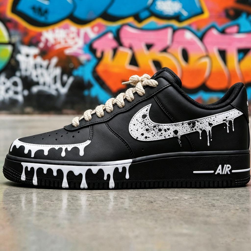 Black&White Splash Sneakers with Rope Laces,Stacked Liquid Drip AF1 with Rope Laces,Graduation Gift for Him