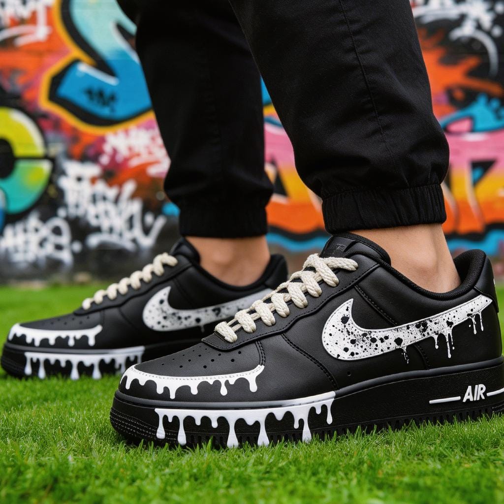 Black&White Splash Sneakers with Rope Laces,Stacked Liquid Drip AF1 with Rope Laces,Graduation Gift for Him