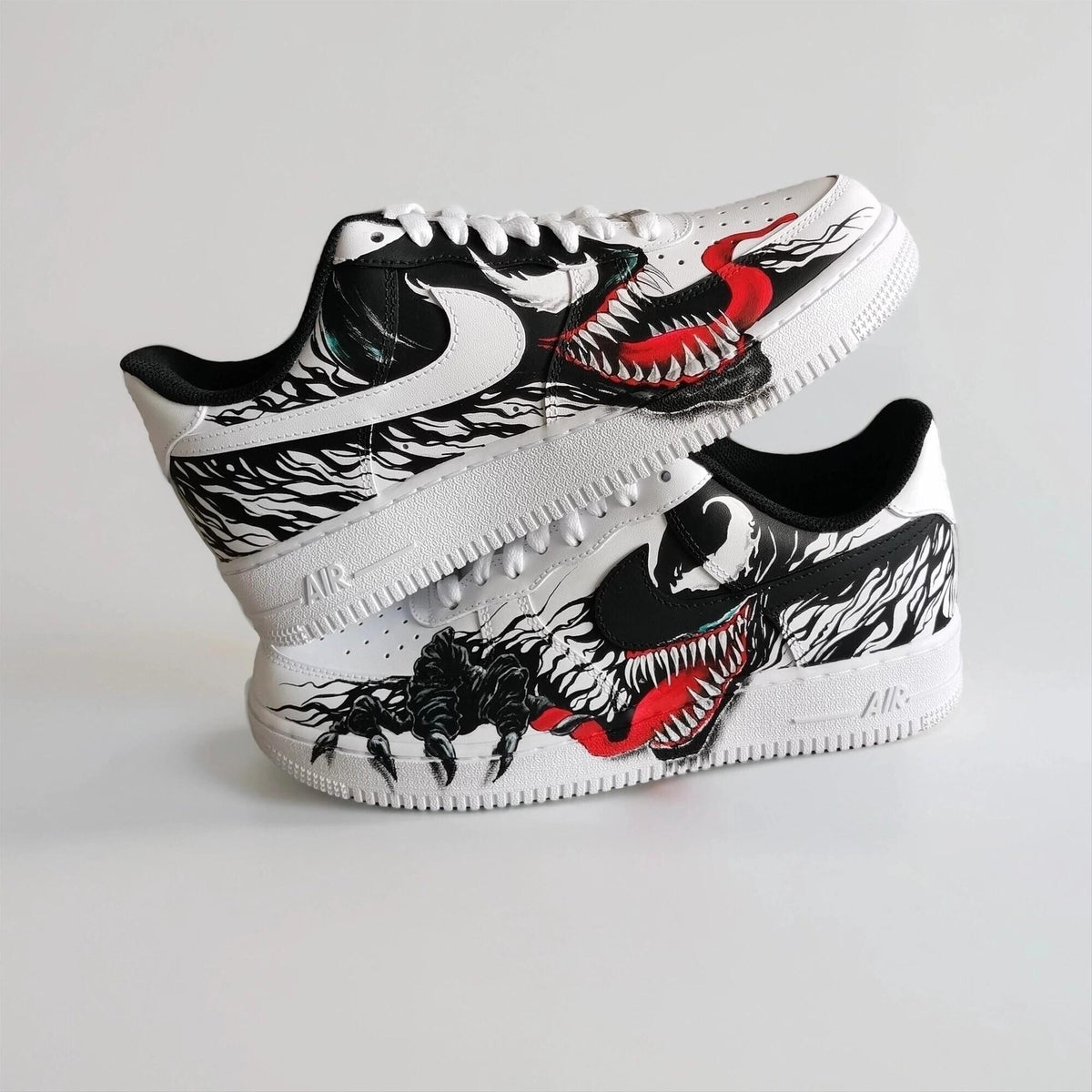 Hand Painted Custom White AF1 with Black Tendrils and White Spider Logo, Symbiote Streetwear Shoes for Fans