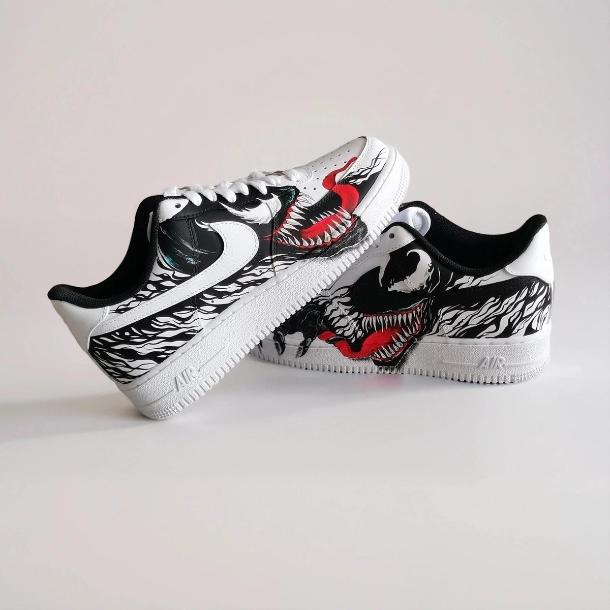 Hand Painted Custom White AF1 with Black Tendrils and White Spider Logo, Symbiote Streetwear Shoes for Fans