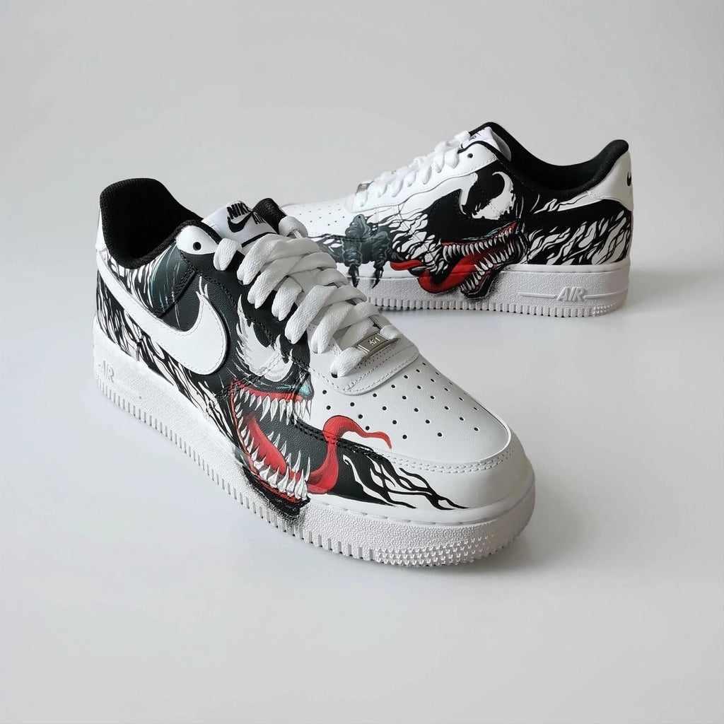 Hand Painted Custom White AF1 with Black Tendrils and White Spider Logo, Symbiote Streetwear Shoes for Fans