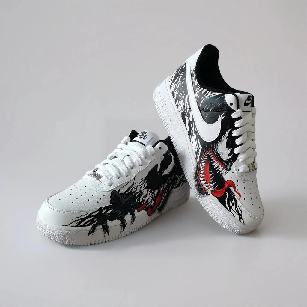 Hand Painted Custom White AF1 with Black Tendrils and White Spider Logo, Symbiote Streetwear Shoes for Fans
