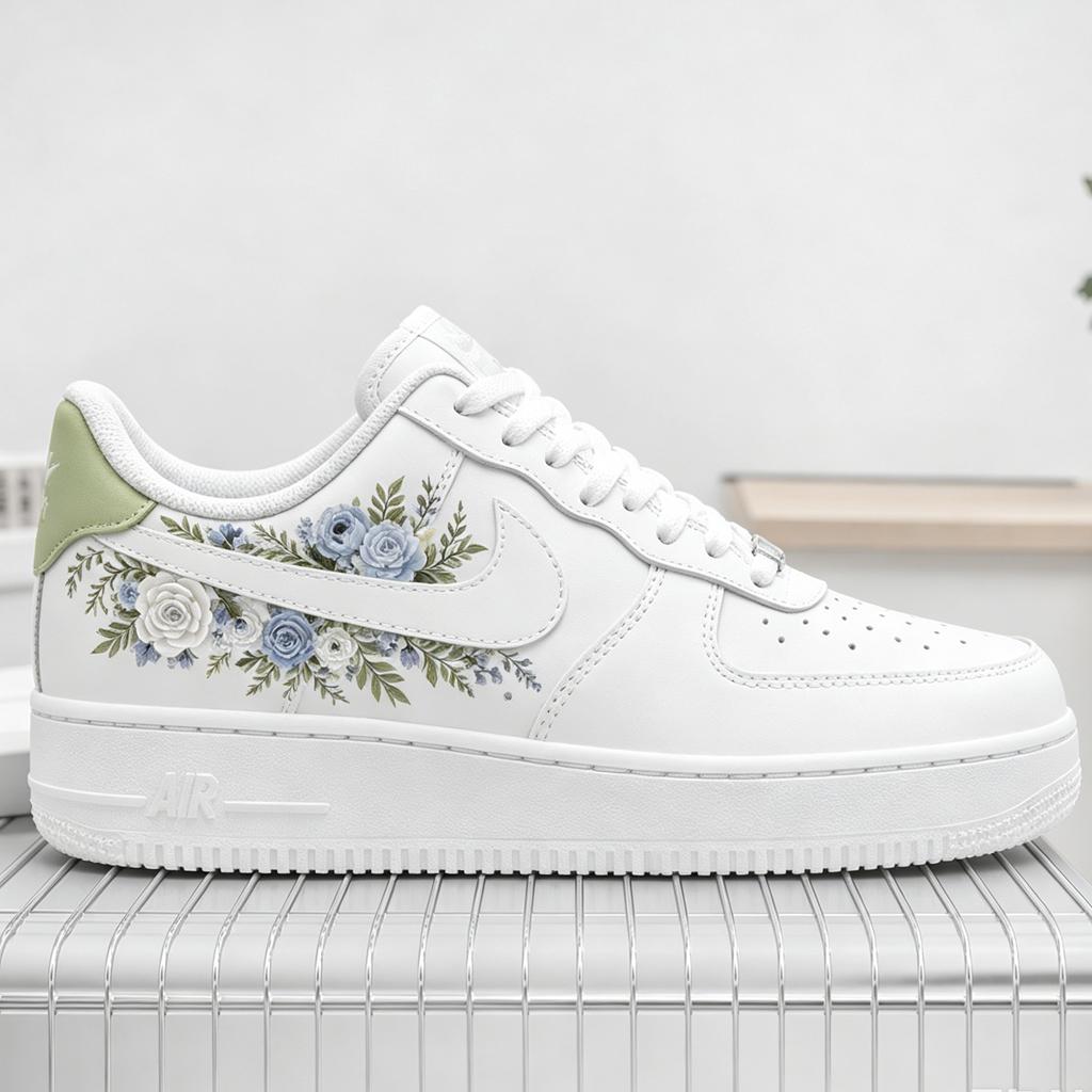 Blue Floral Air Force 1 ,Hand Painted Botanical AF1 Sneakers for Unique Birthday and Graduation Gift