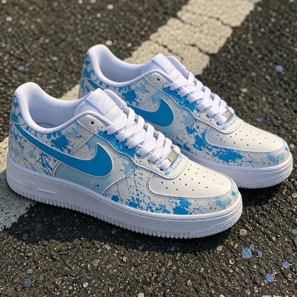 Blue Splatter Paint Air Force 1, Minimalist Custom Shoes, Handmade Street Style Sneakers, Unisex Gift