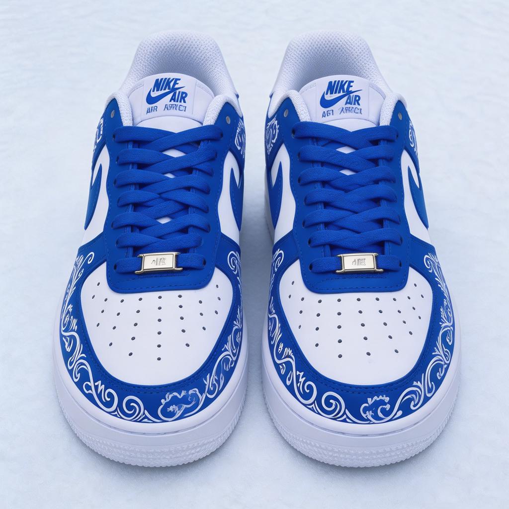 Blue Artistic Custom AF1 ,Handcrafted Blue Floral Fashion Sneakers,Unique Shoes & Holiday Gift