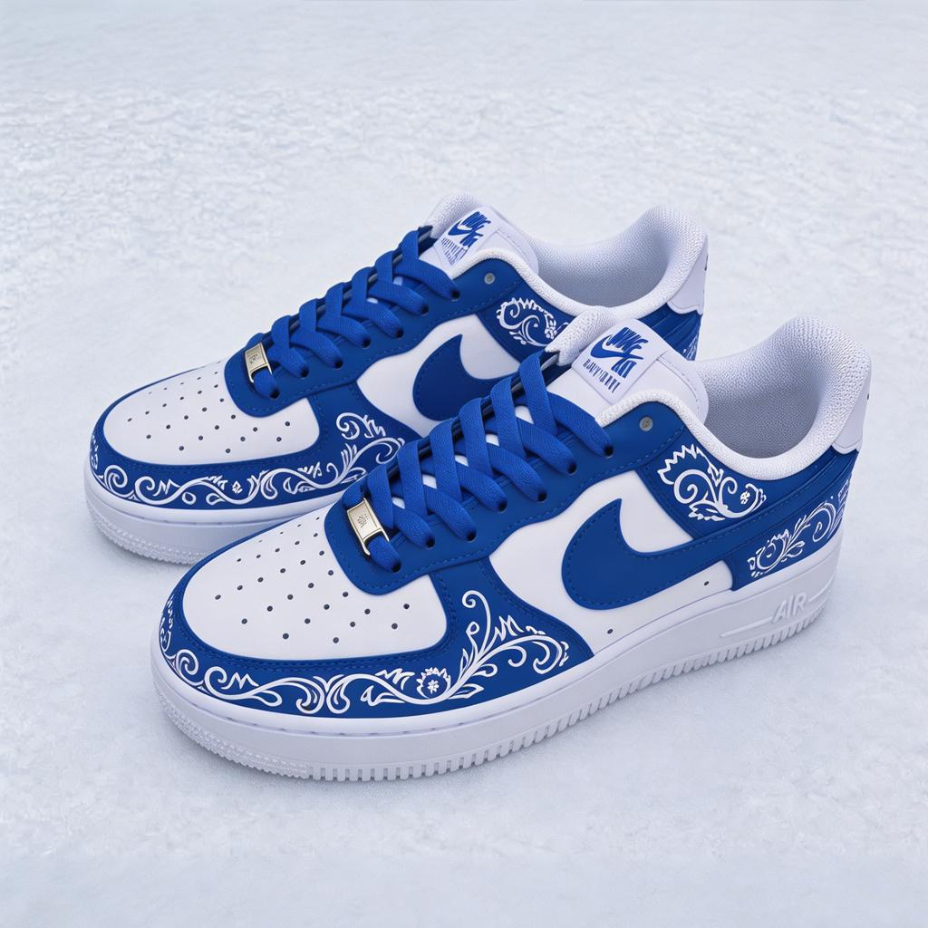 Blue Artistic Custom AF1 ,Handcrafted Blue Floral Fashion Sneakers,Unique Shoes & Holiday Gift