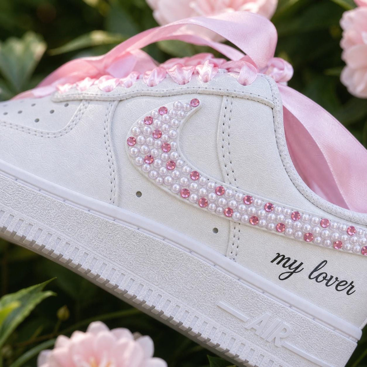 Personalized Rhinestone Pink Shoes, Custom AF1 for Wedding, Unique Bridal Shower Gift