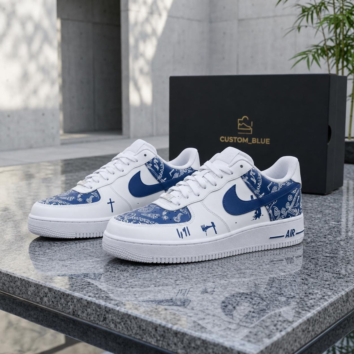 Custom Blue& White Air Force 1 ,Hand-Painted Paisley Sports Sneakers,Abstract Style Gift For Him