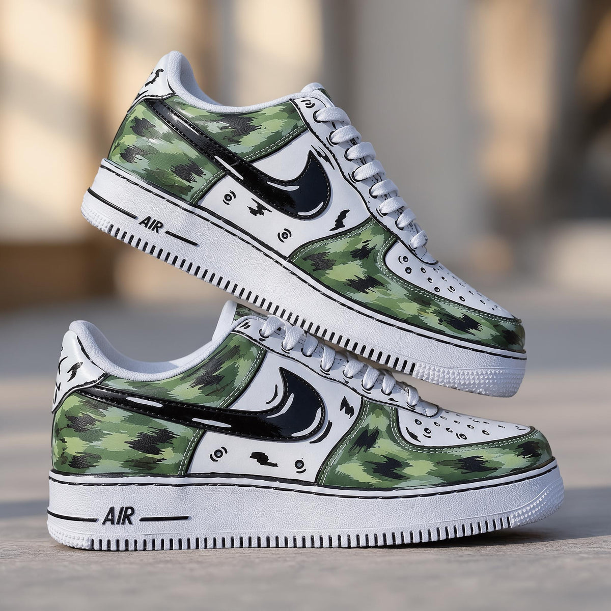 Custom Comic Style Camo Air Force 1, Cartoon Effect Sneakers, Hand Painted Urban Streetwear Shoes, Unique Gift for Him