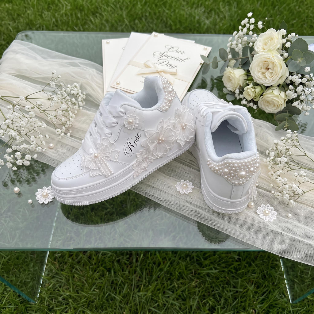 Custom Bridal Wedding Sneakers Pearl & Lace, Personalized Bridal Shoes for Reception Party, White Trainers Gift for Bride