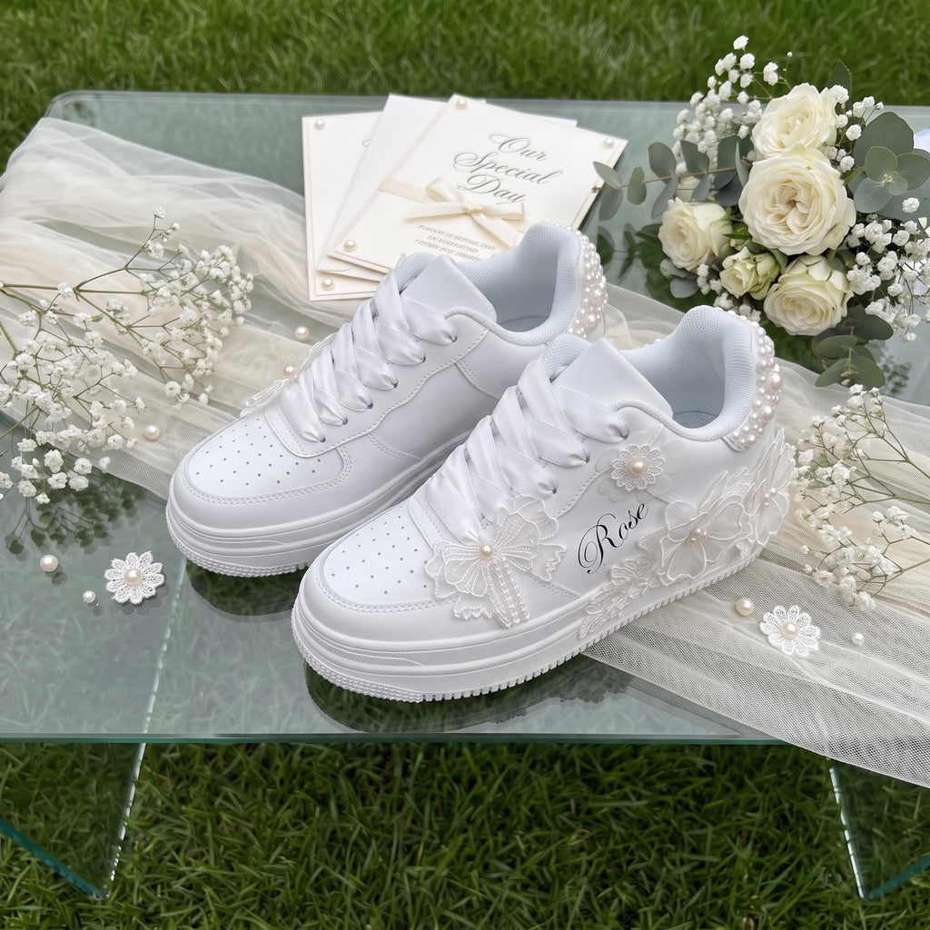 Custom Bridal Wedding Sneakers Pearl & Lace, Personalized Bridal Shoes for Reception Party, White Trainers Gift for Bride