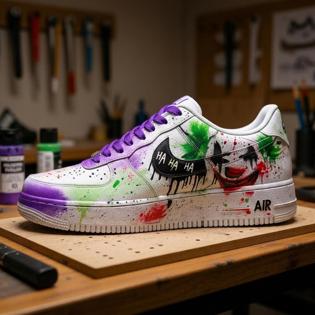 Custom Air Force 1 Joker Painted Sneakers, Hand Painted and Spray Painted Streetwear AF1 Kicks, Bold Streetwear Kicks,Gift for Him