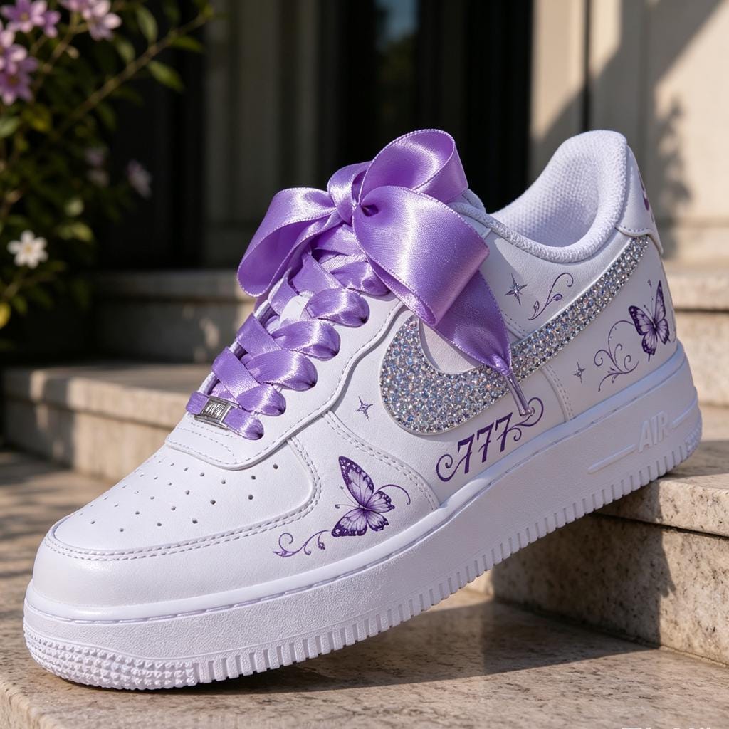 Custom Air Force 1 Purple Butterfly Rhinestone Sneakers, Hand-Painted AF1 Kicks Streetwear Gift for Her