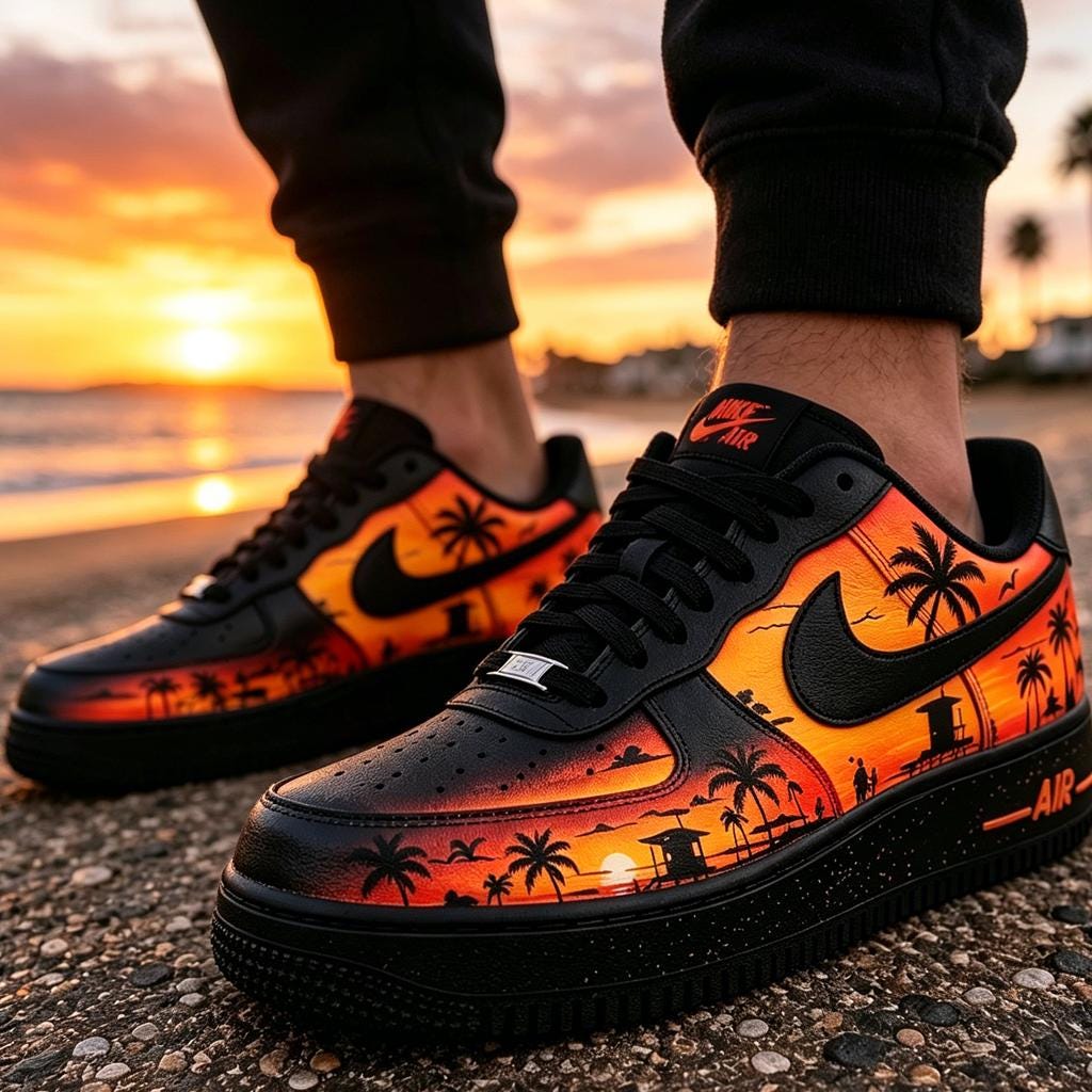 Custom Air Force 1 Sunset Beach Sneakers, Hand Painted Tropical Palm Tree Shoes, Yellow&Black Romantic Style Shoes for Him
