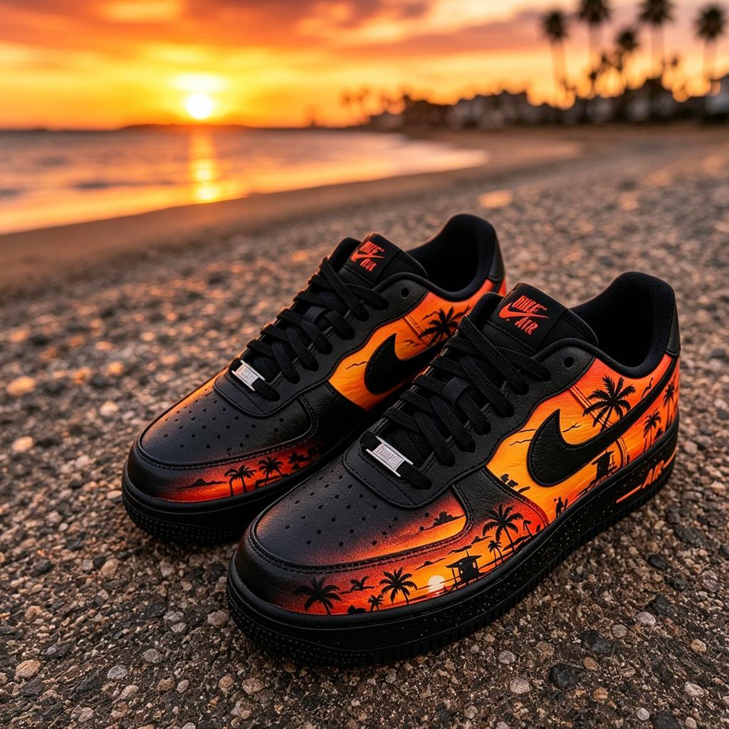Custom Air Force 1 Sunset Beach Sneakers, Hand Painted Tropical Palm Tree Shoes, Yellow&Black Romantic Style Shoes for Him