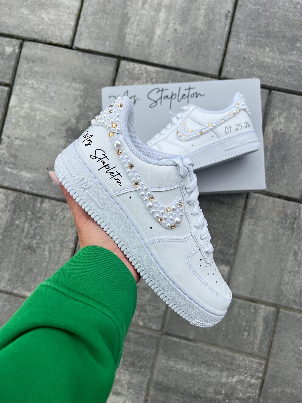 Personalized Bridal Air Force 1 Sneakers: Gold Rhinestone and white Pearl Wedding Shoes