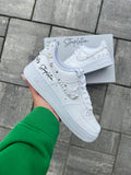 Personalized Bridal Air Force 1 Sneakers: Gold Rhinestone and white Pearl Wedding Shoes