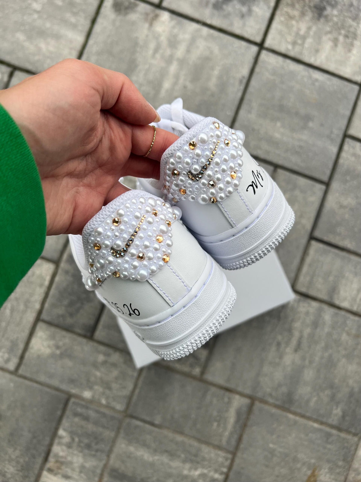 Personalized Bridal Air Force 1 Sneakers: Gold Rhinestone and white Pearl Wedding Shoes