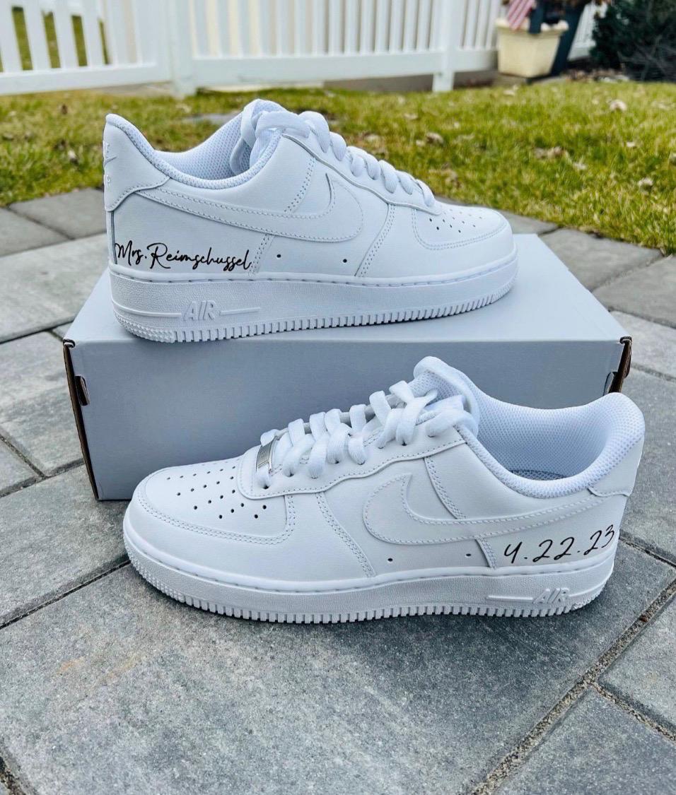 Personalized Bridal Air Force 1 Sneakers: Gold Rhinestone and white Pearl Wedding Shoes