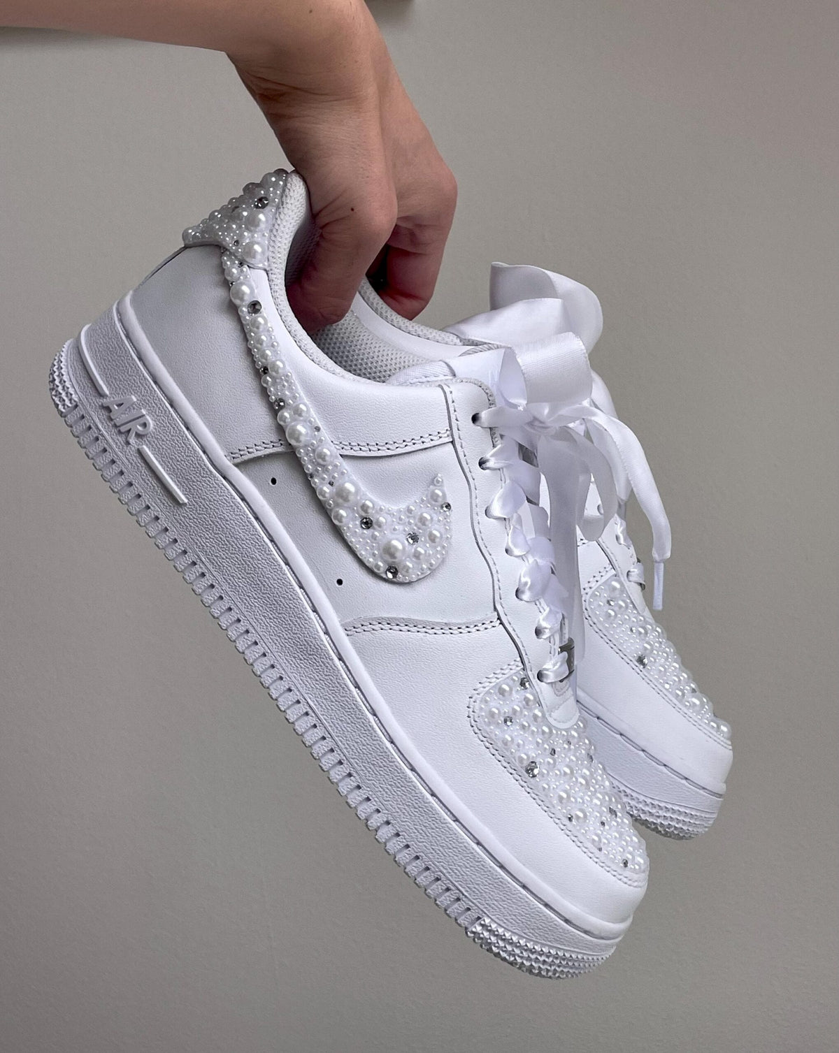 Personalized Bridal Sneakers: Hand-made Pearl Crystal Air Force 1 (three placements)