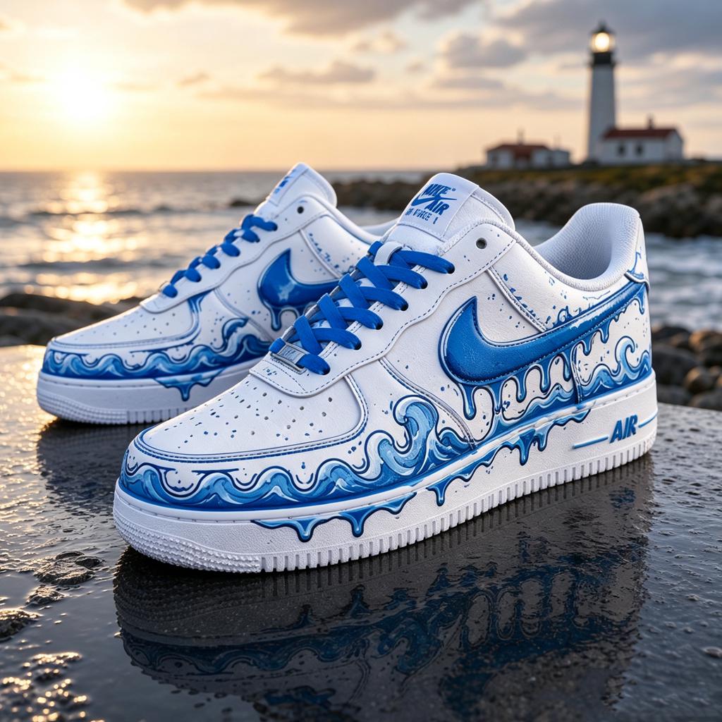 Custom Wave Art Air Force 1 Blue Ocean Aesthetic Painted Shoes Seaside Travel Sneaker Graduate Gift Custom Footwear,Gift for him