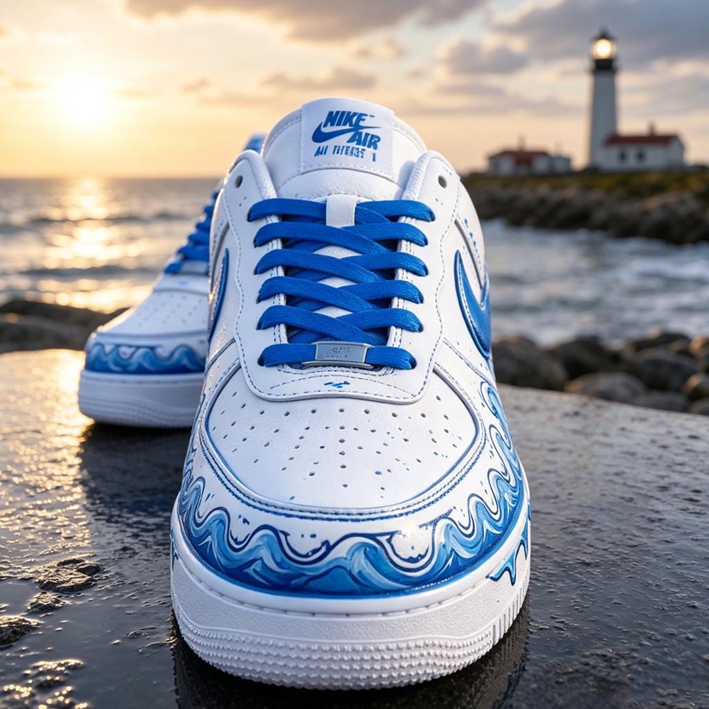 Custom Wave Art Air Force 1 Blue Ocean Aesthetic Painted Shoes Seaside Travel Sneaker Graduate Gift Custom Footwear,Gift for him