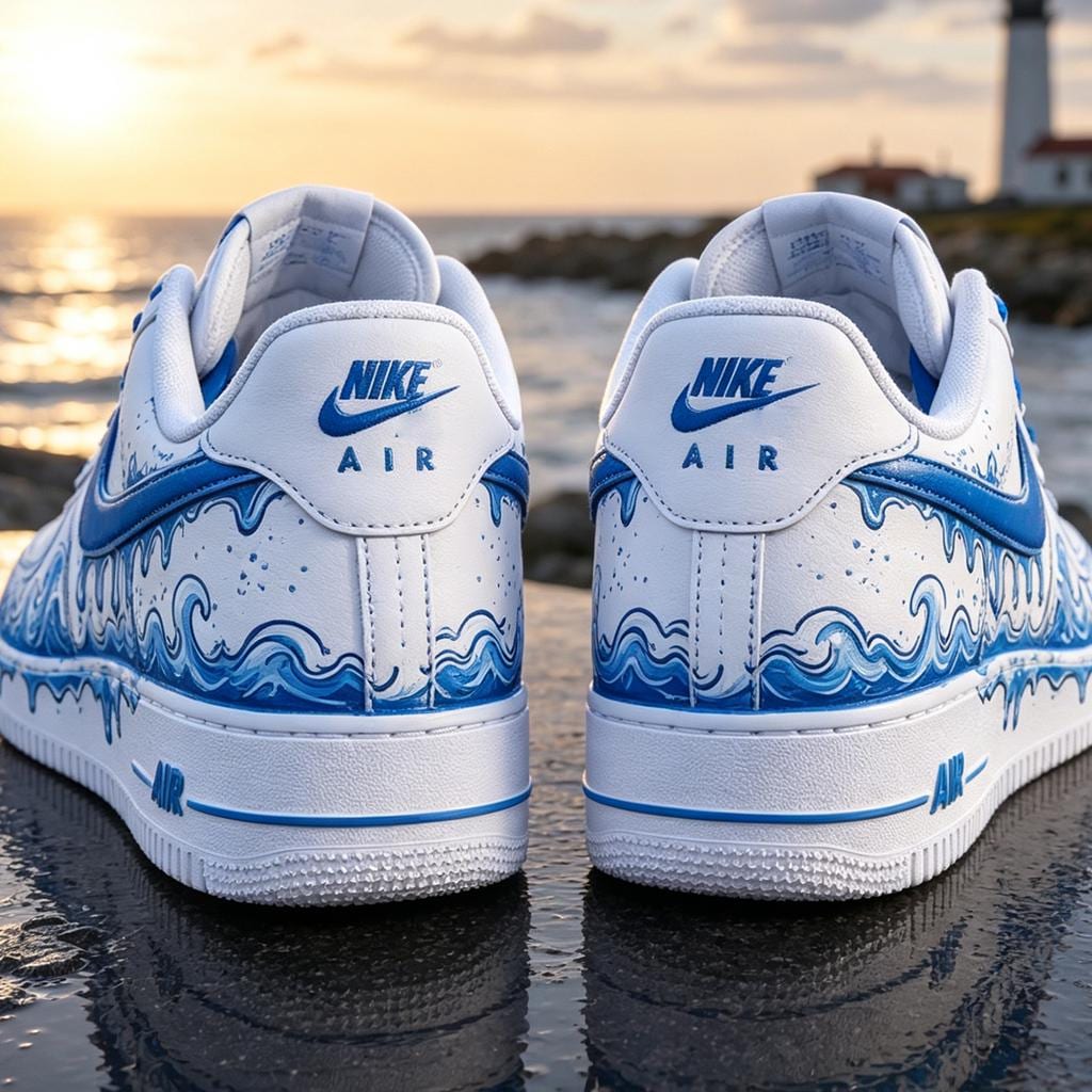 Custom Wave Art Air Force 1 Blue Ocean Aesthetic Painted Shoes Seaside Travel Sneaker Graduate Gift Custom Footwear,Gift for him