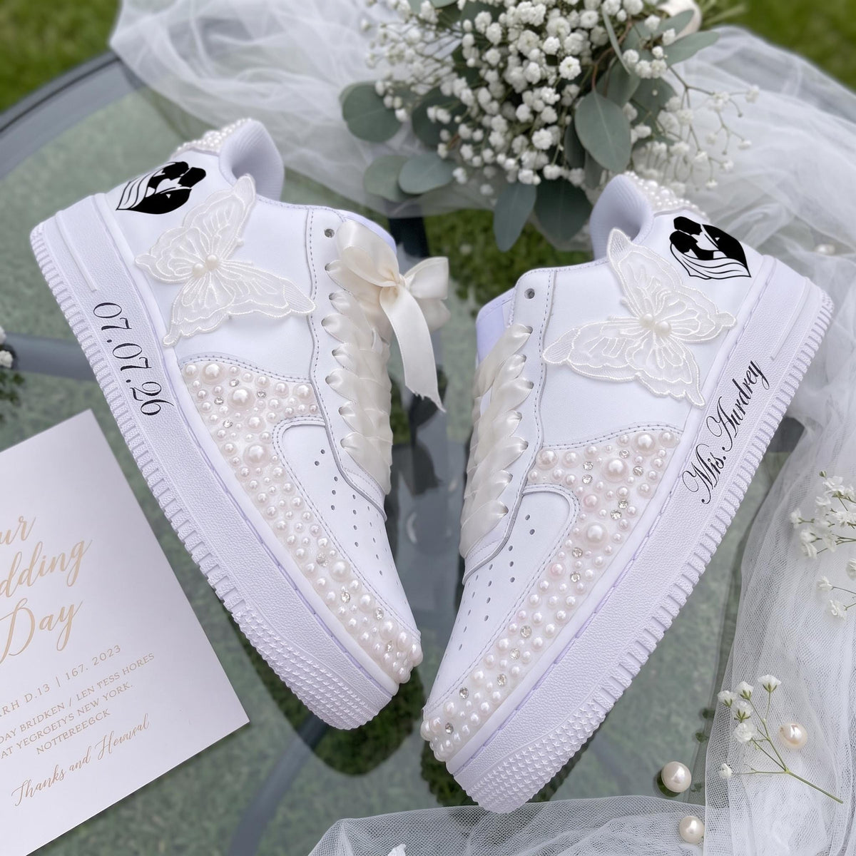 Bridal Sneakers Pearl Butterfly, Personalized Wedding Shoes for Bride, Custom Name Date trainers