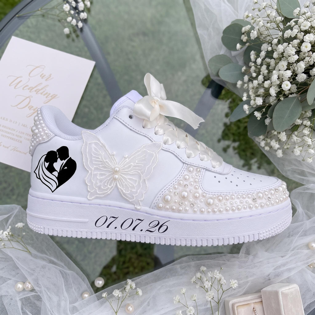 Bridal Sneakers Pearl Butterfly, Personalized Wedding Shoes for Bride, Custom Name Date trainers