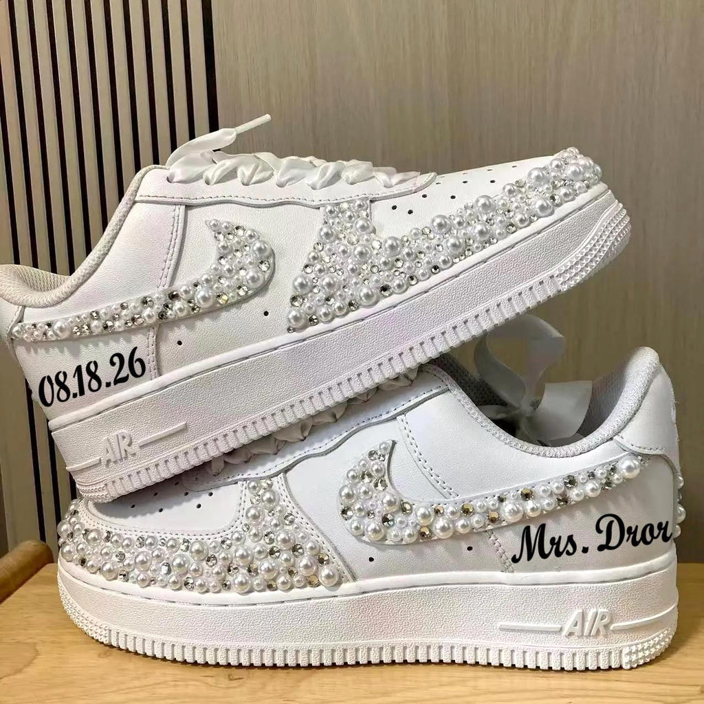 Custom Bride Silver Rhinestone Sneakers, Personalized Bride Pearl Rhinestone Sneakers, Bridesmaid and Best Man Gift, Prom Wedding Shoes