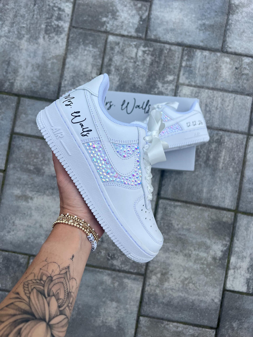 Personalized Bridal Air Force 1 Sneakers White iridescent Rhinestone Wedding Shoes