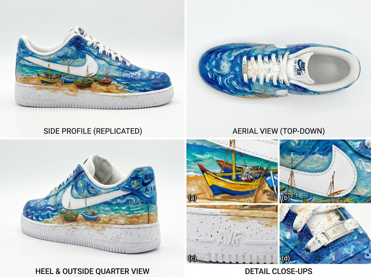 Custom Hand Painted Sneakers, Van Gogh Fishing Boats Design, Custom Air Force 1, Art Lover Gift, Unique Birthday Gift, Best Friend Gift