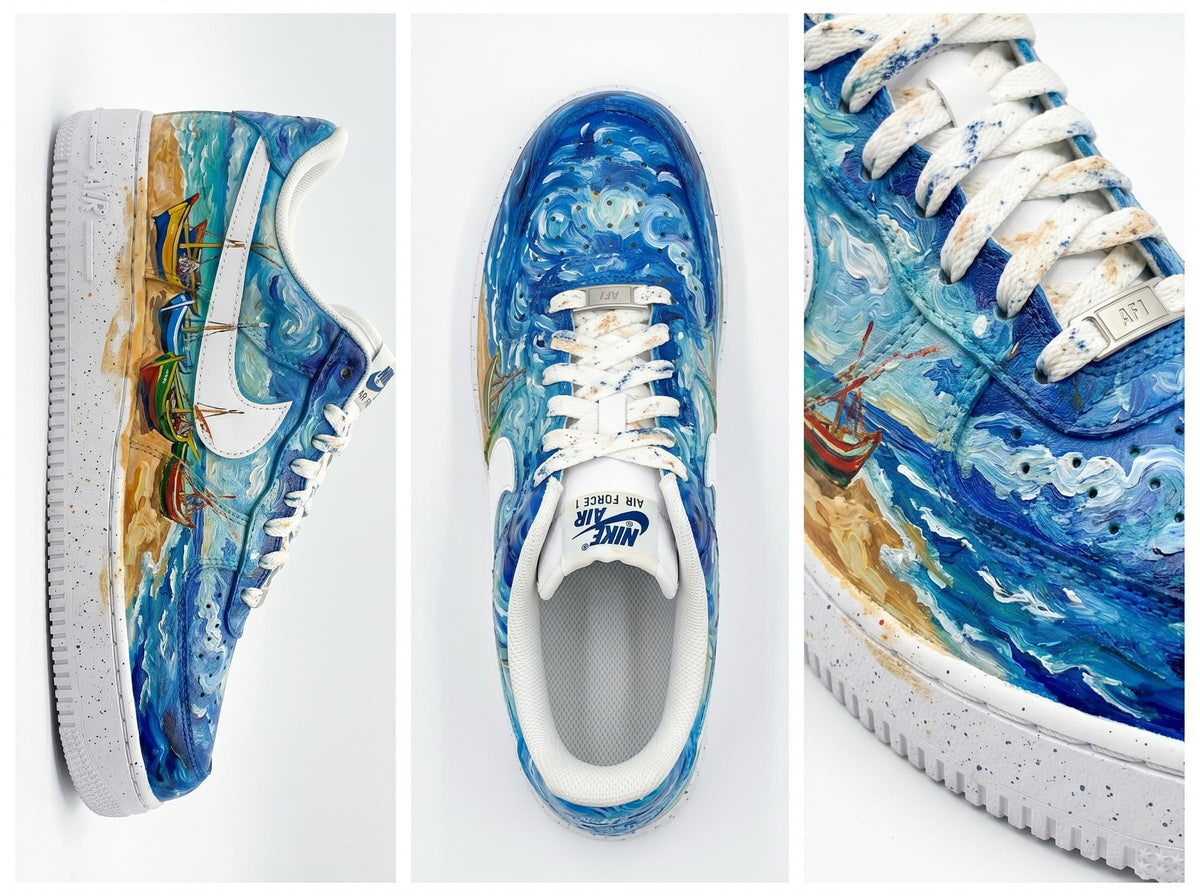 Custom Hand Painted Sneakers, Van Gogh Fishing Boats Design, Custom Air Force 1, Art Lover Gift, Unique Birthday Gift, Best Friend Gift