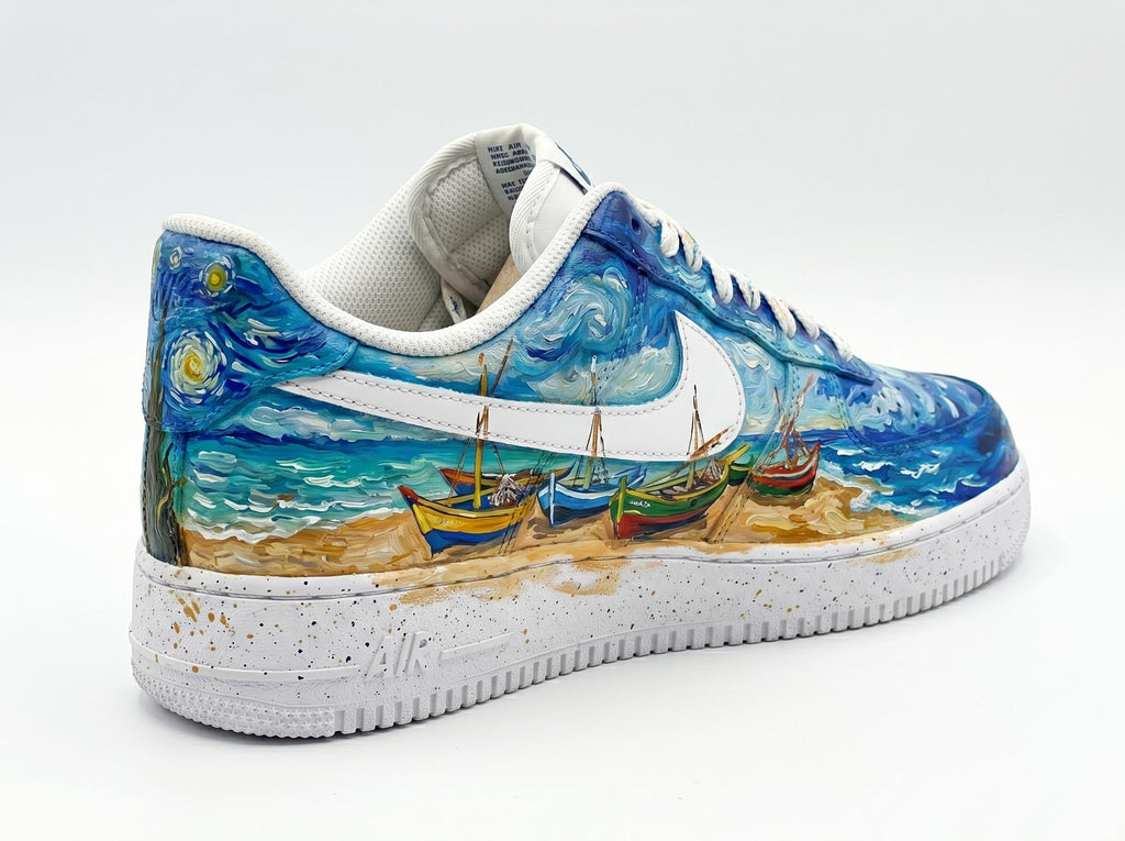 Custom Hand Painted Sneakers, Van Gogh Fishing Boats Design, Custom Air Force 1, Art Lover Gift, Unique Birthday Gift, Best Friend Gift