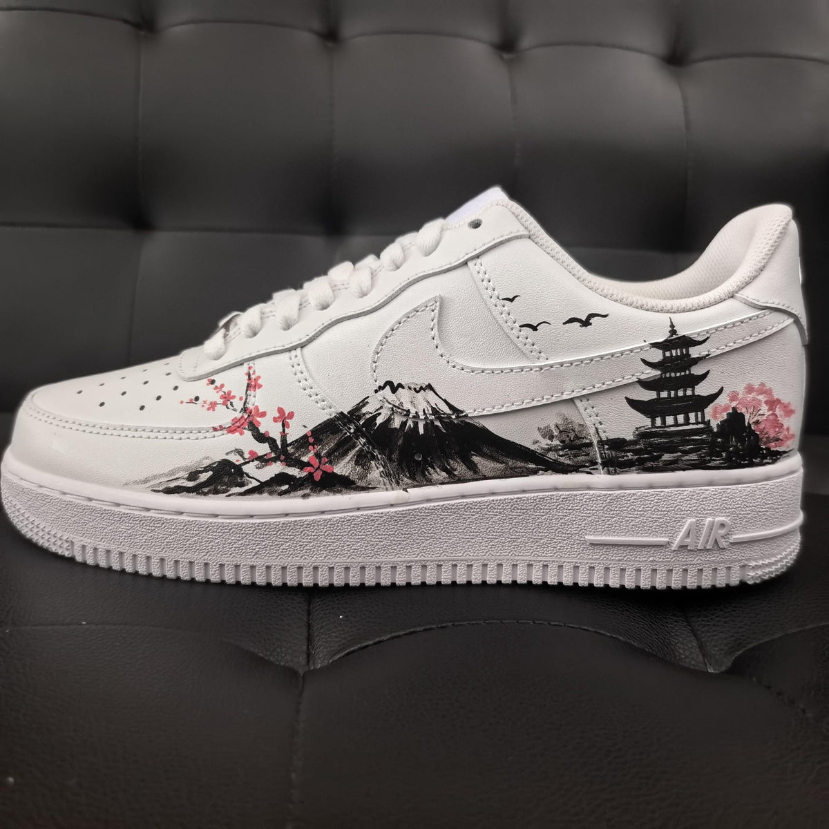 Custom Air Force 1, Hand Painted Mount Fuji Shoes, Cherry Blossom AF1,Ink Painting Shoes, Oriental Air Force One,A Unique Gift