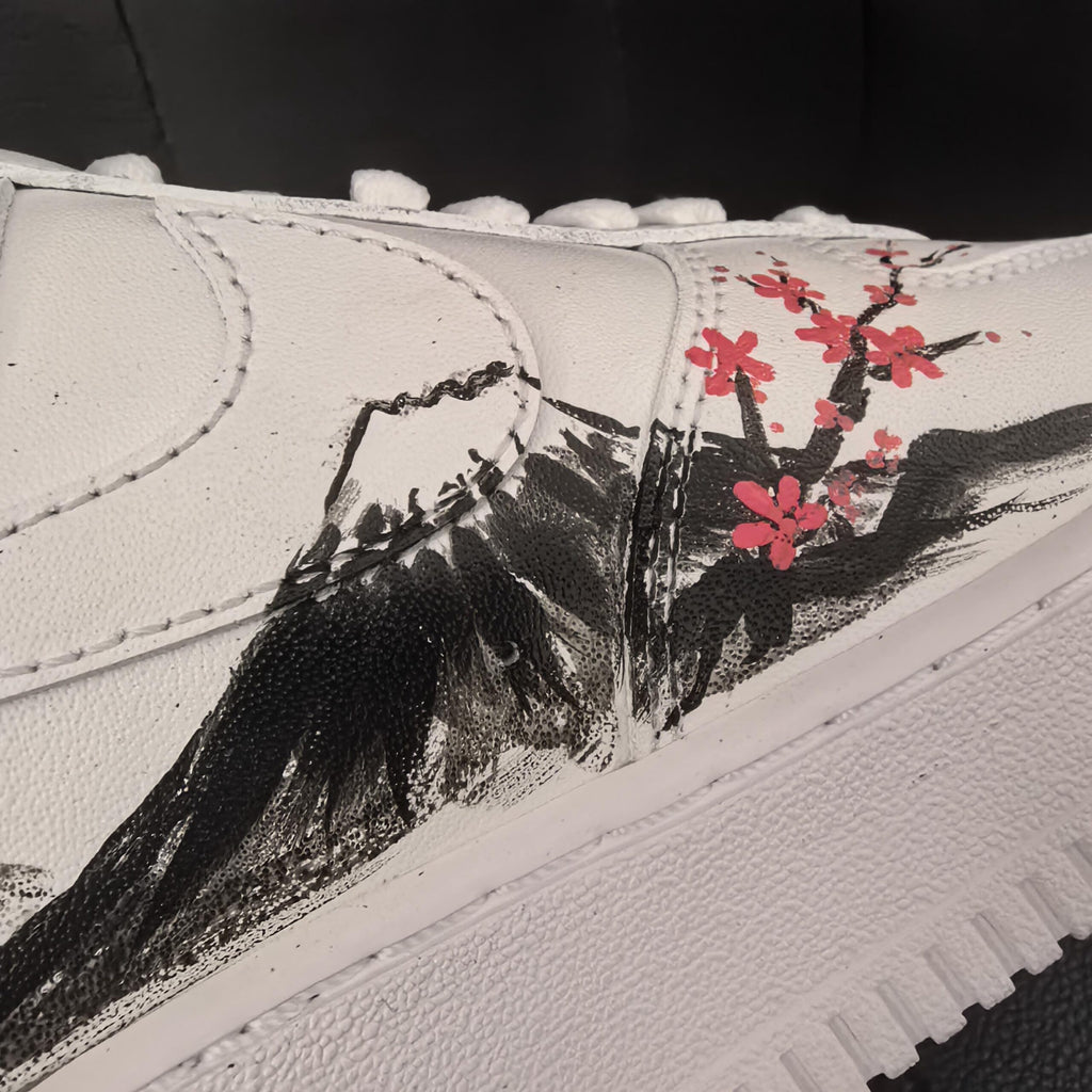 Custom Air Force 1, Hand Painted Mount Fuji Shoes, Cherry Blossom AF1,Ink Painting Shoes, Oriental Air Force One,A Unique Gift