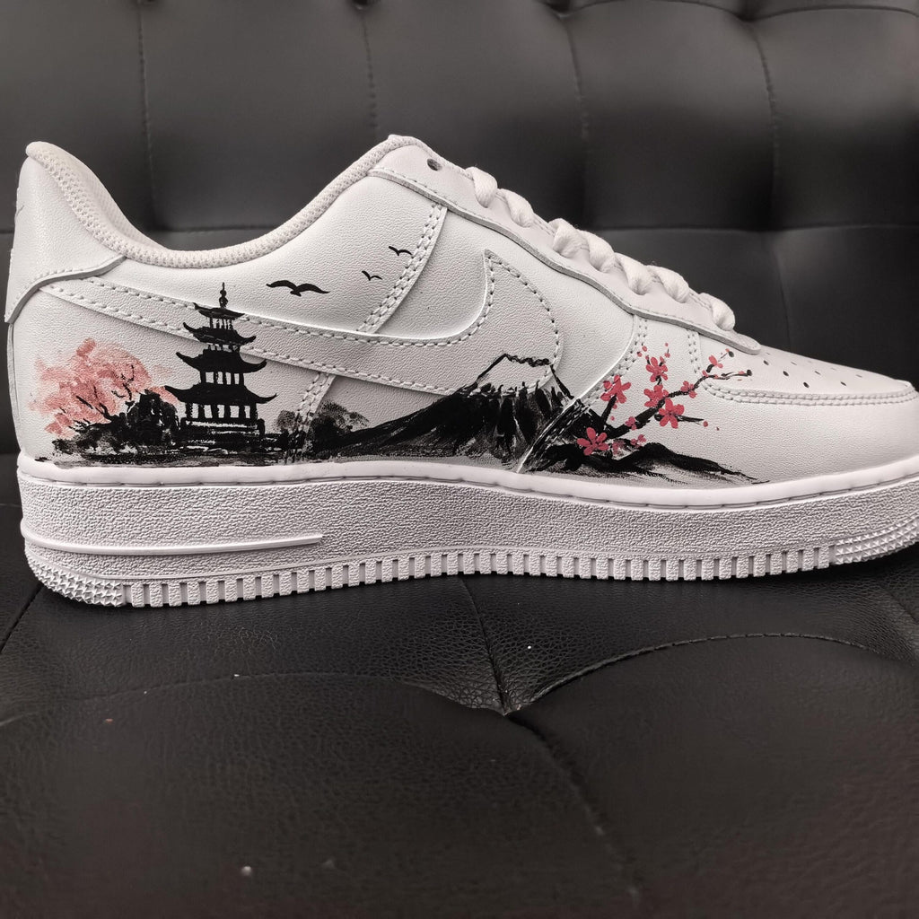 Custom Air Force 1, Hand Painted Mount Fuji Shoes, Cherry Blossom AF1,Ink Painting Shoes, Oriental Air Force One,A Unique Gift