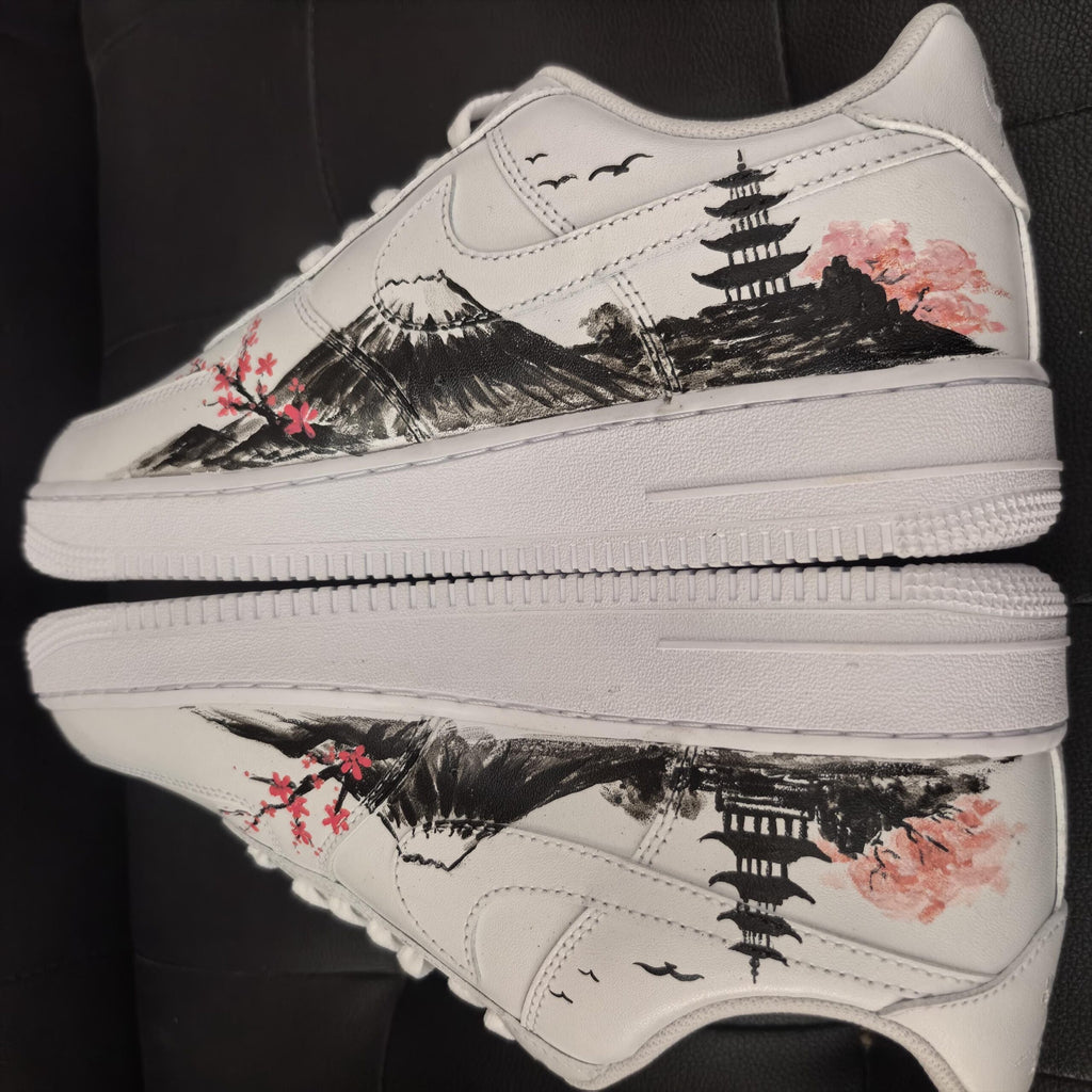 Custom Air Force 1, Hand Painted Mount Fuji Shoes, Cherry Blossom AF1,Ink Painting Shoes, Oriental Air Force One,A Unique Gift