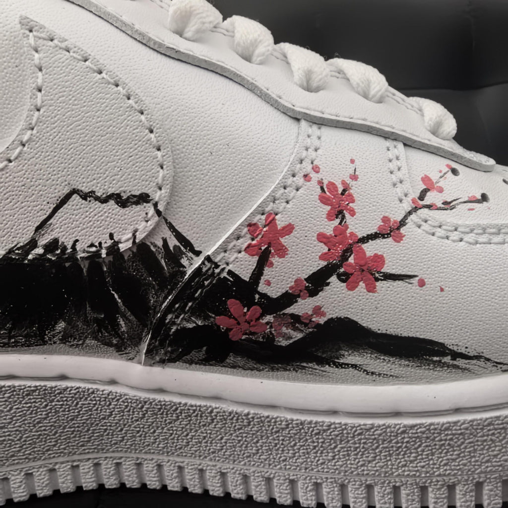 Custom Air Force 1, Hand Painted Mount Fuji Shoes, Cherry Blossom AF1,Ink Painting Shoes, Oriental Air Force One,A Unique Gift
